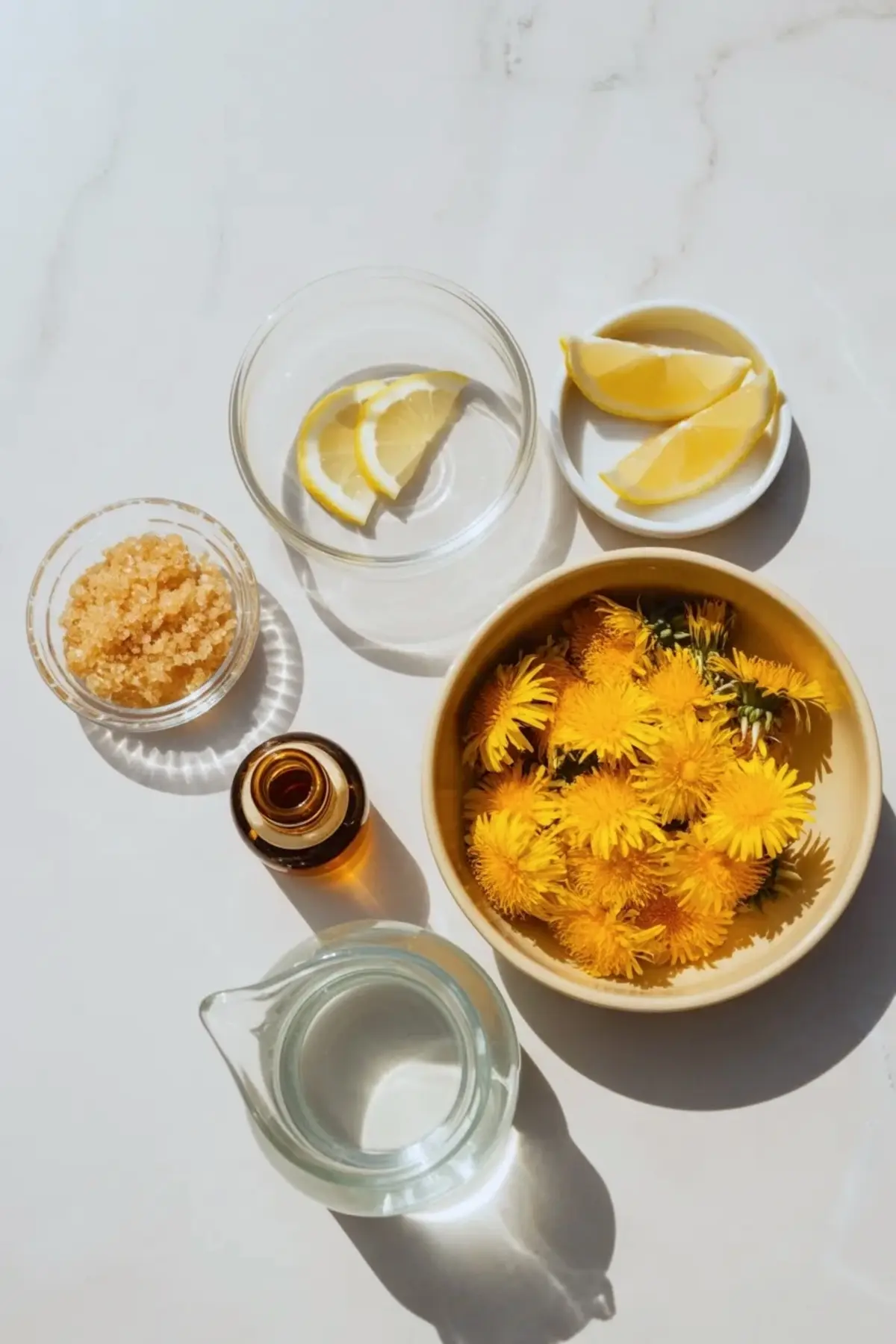 Ingredients for dandelion honey with fresh dandelion blossoms, water, lemon slices, sugar, and vanilla arranged on a white surface.