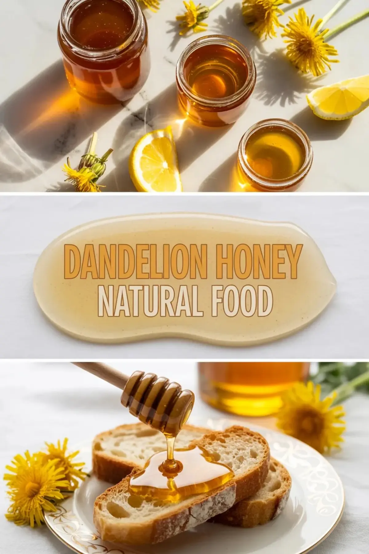 Dandelion honey collage with jars of finished syrup, title text, and a honey dipper drizzling golden syrup over sliced bread.
