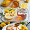 Dandelion honey hero image with jars of golden syrup, title text, and honey drizzled over sliced bread with dandelion flowers around the plate.