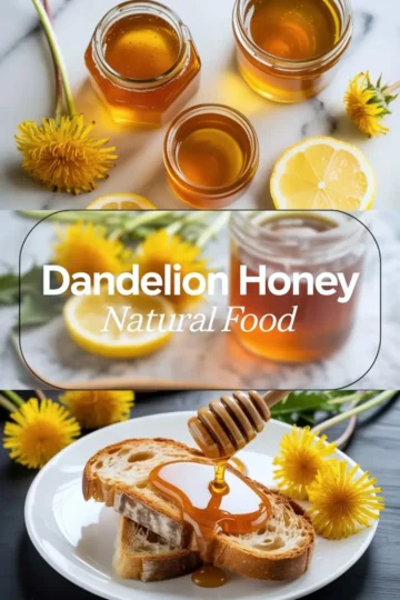 Dandelion honey hero image with jars of golden syrup, title text, and honey drizzled over sliced bread with dandelion flowers around the plate.