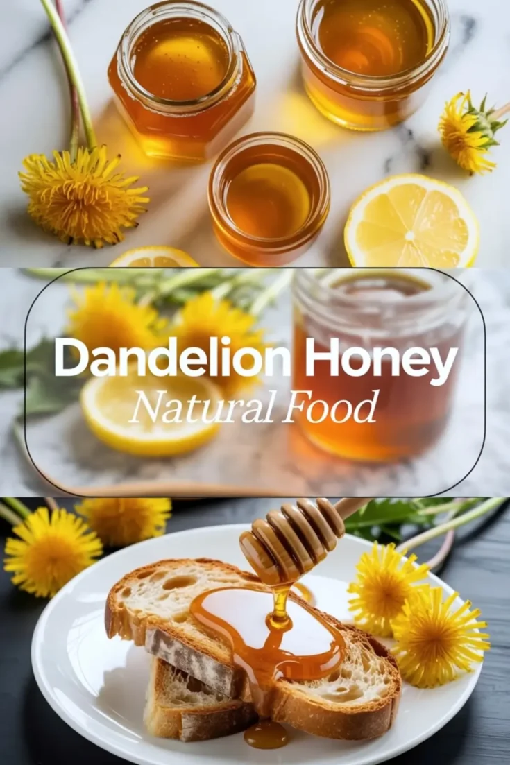 Dandelion honey hero image with jars of golden syrup, title text, and honey drizzled over sliced bread with dandelion flowers around the plate.