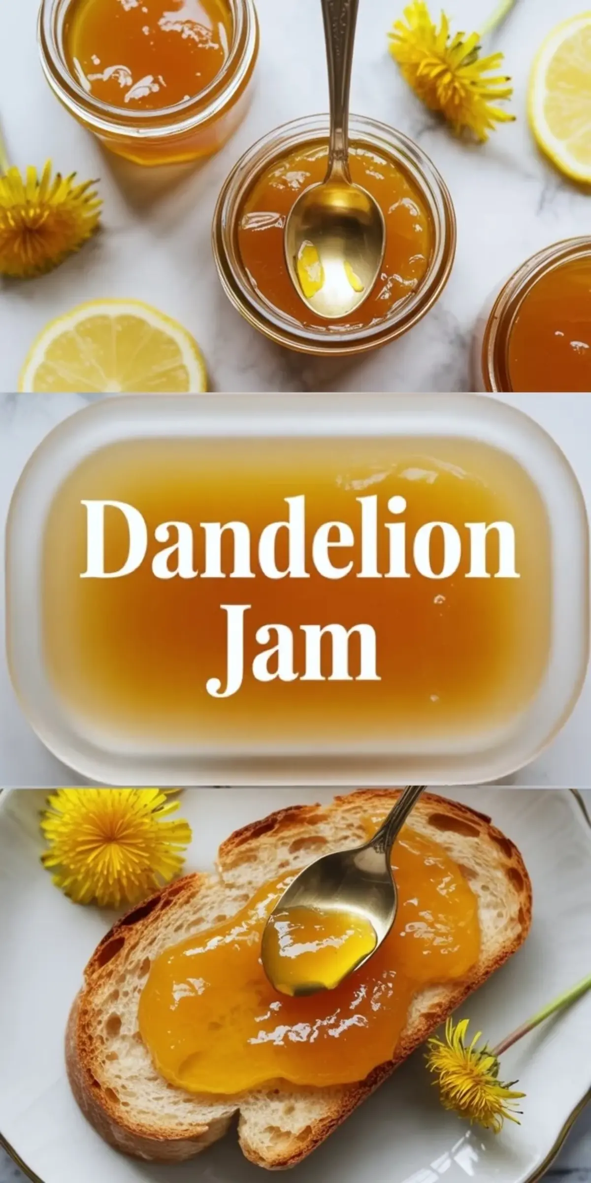 Tall dandelion jam collage with jars of amber jam, title panel, and toast spread with dandelion jam.