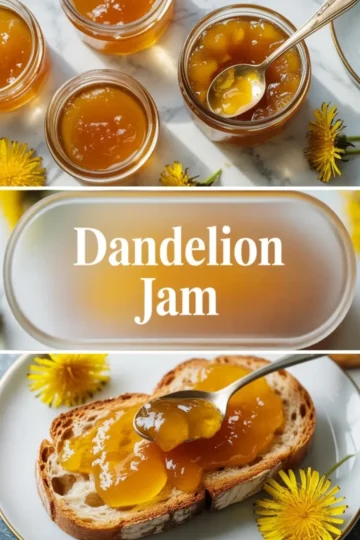 Dandelion jam hero image showing jars of golden jam, toast with jam, and recipe title text on a light background.
