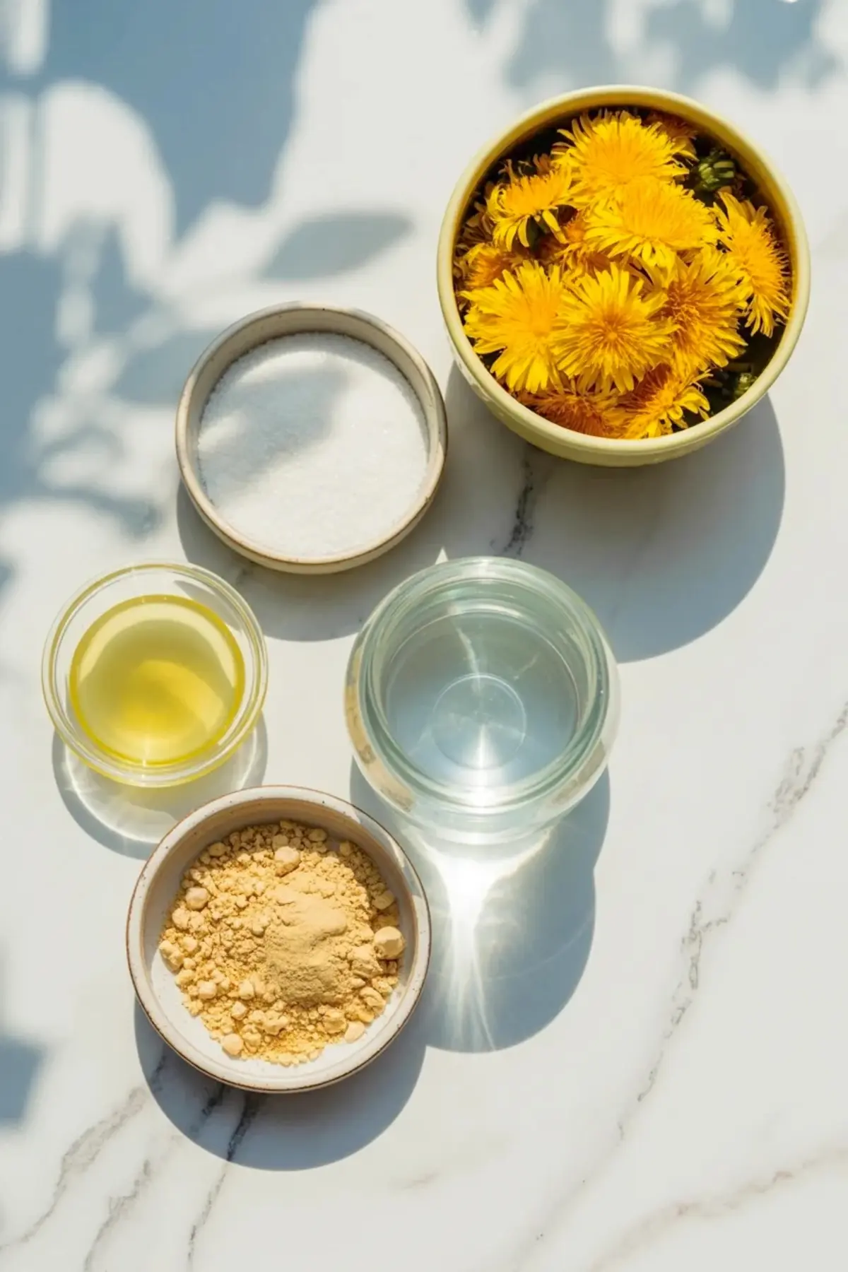 Ingredients for dandelion jam arranged overhead with dandelion flowers, sugar, water, lemon juice, and pectin on a marble surface.