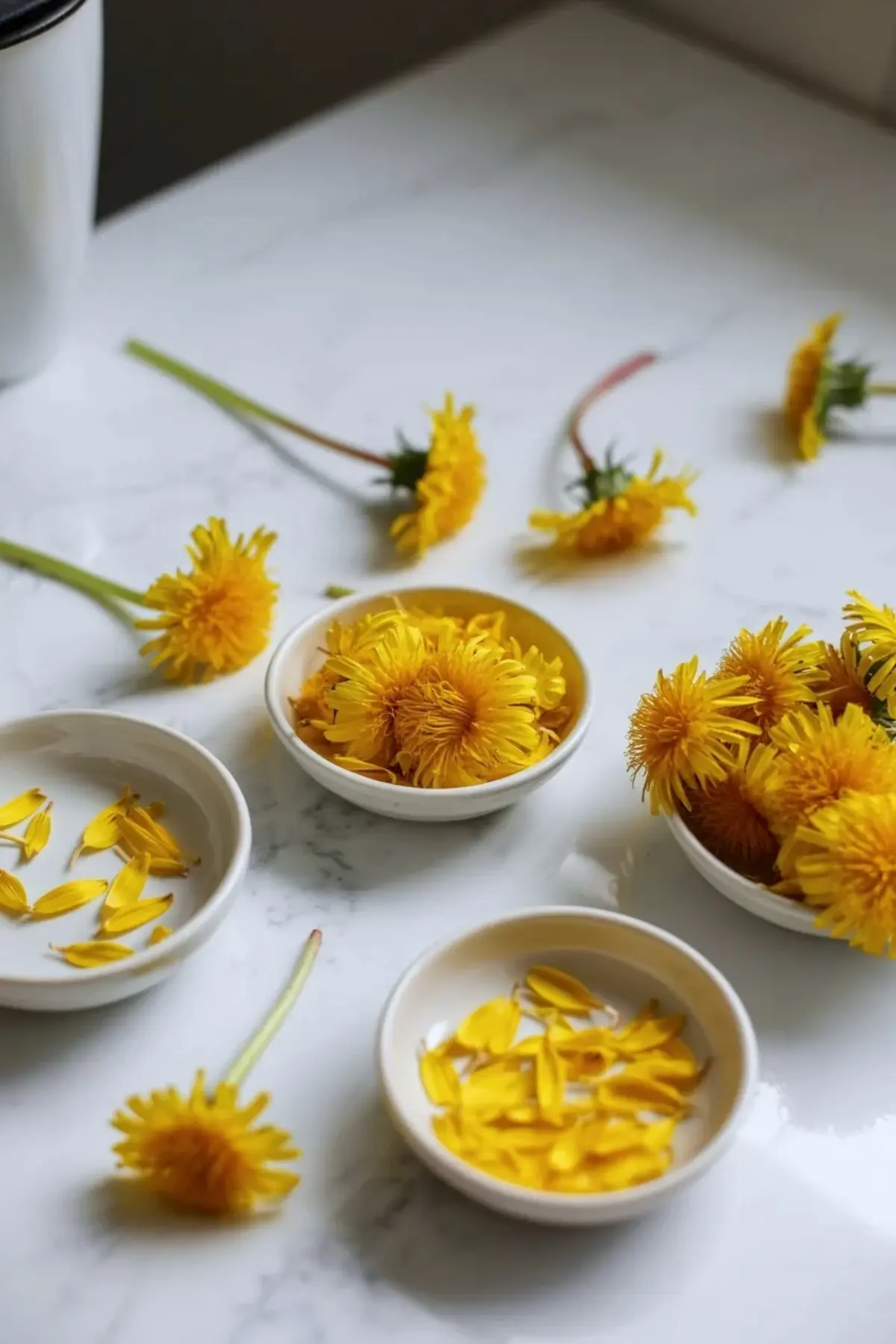 Fresh dandelion blossoms and separated yellow petals in bowls for dandelion jam preparation.