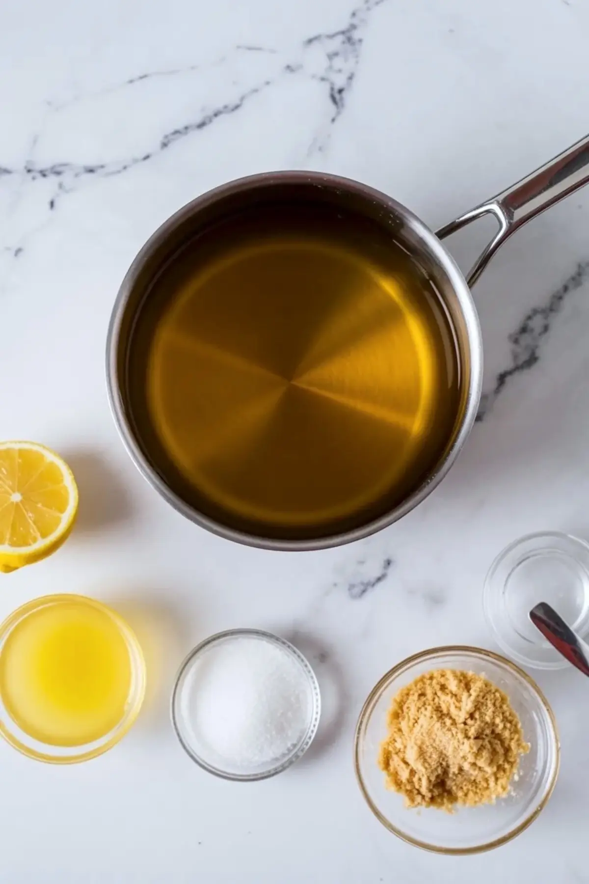 Dandelion jam base in a saucepan with lemon, sugar, and pectin nearby during the cooking stage.