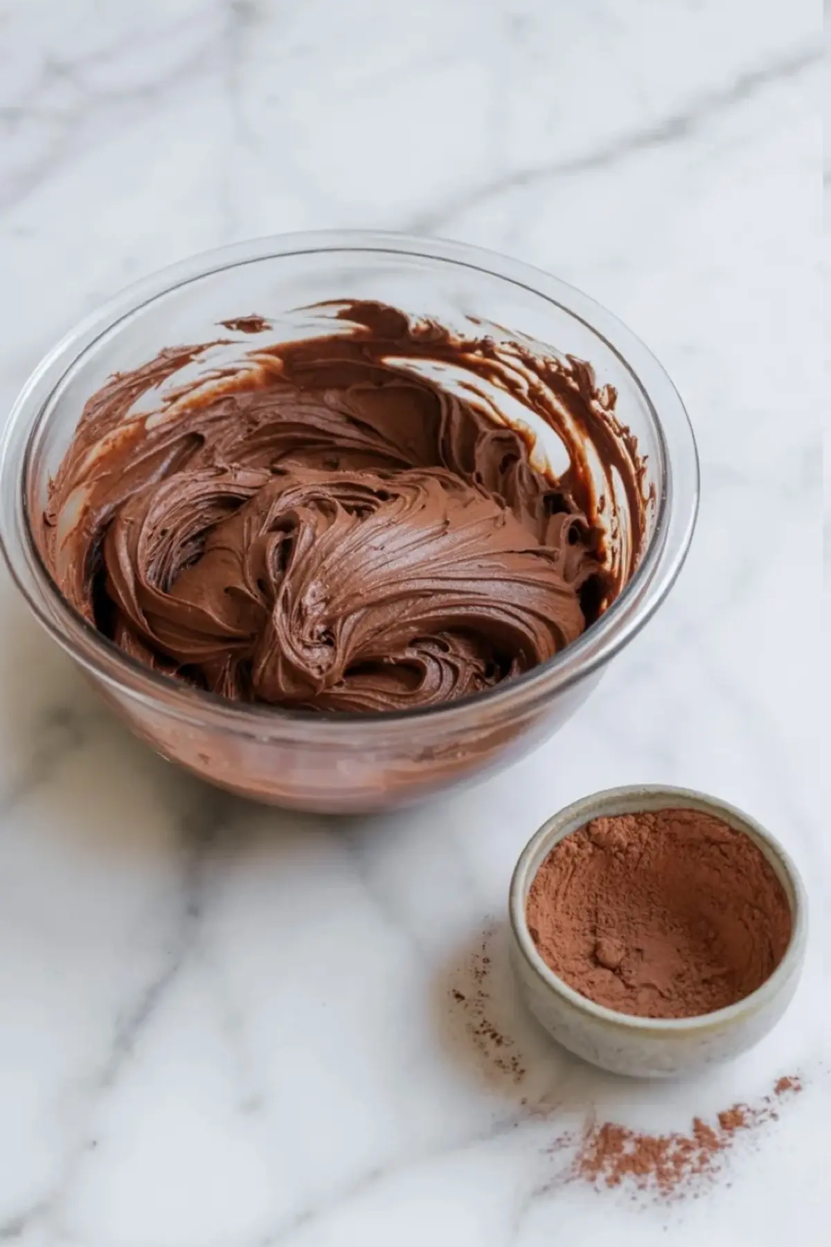 Finished dark chocolate buttercream frosting swirled in a glass bowl with cocoa powder nearby on white marble.