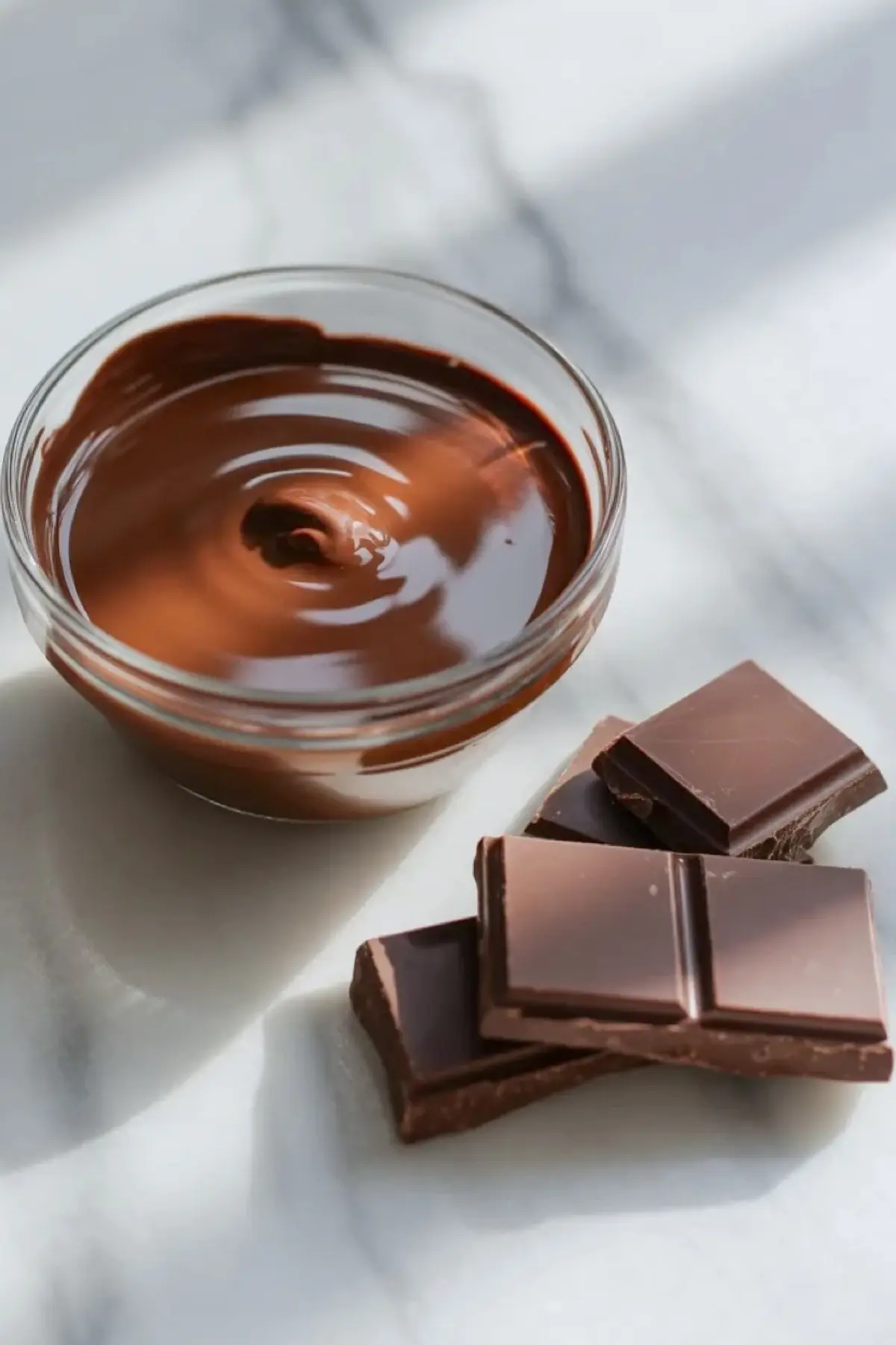 Melted dark chocolate in a small glass bowl beside chopped chocolate pieces for dark chocolate buttercream frosting on white marble.