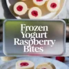 Frozen yogurt raspberry bites recipe shown as creamy white yogurt bites with raspberries in the center on a white plate in bright natural light.