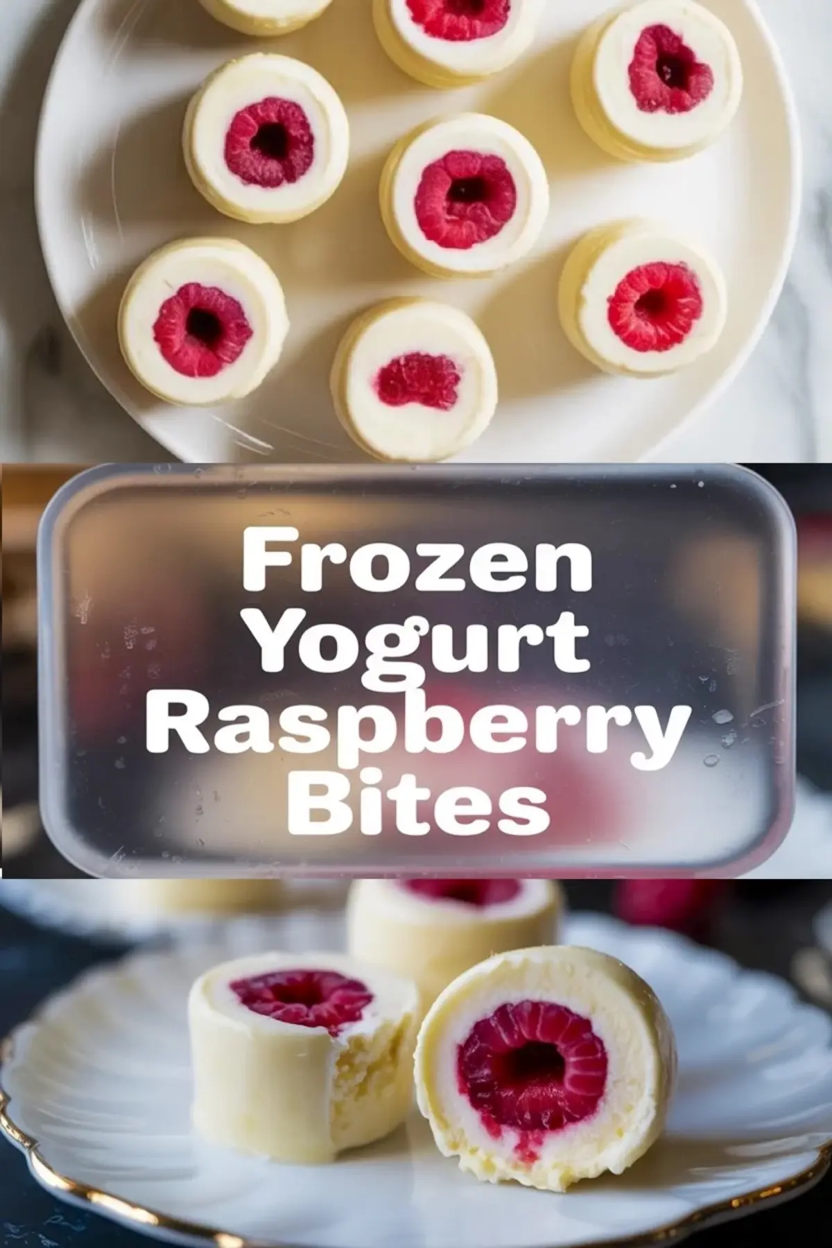 Vertical frozen yogurt raspberry bites graphic with white yogurt bites, recipe title text, and close views of the frozen raspberry centers.