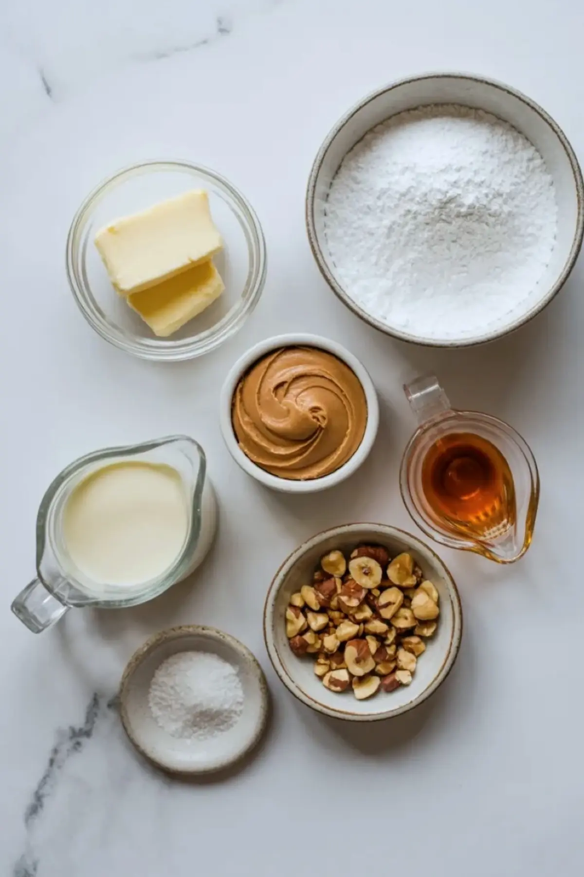 Ingredients for hazelnut praline cream frosting arranged on white marble with butter, powdered sugar, praline paste, cream, vanilla, salt, and chopped hazelnuts.