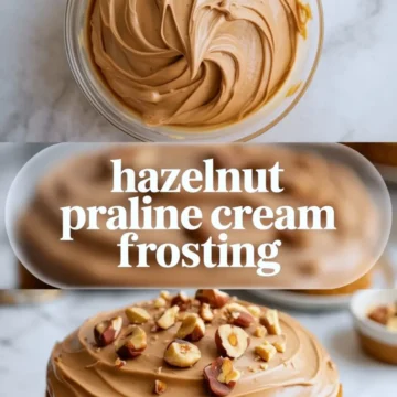 Hazelnut praline cream frosting shown in a 2 to 3 hero image with a bowl of pale praline frosting above and a frosted hazelnut cake below on white marble.