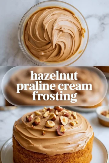 Hazelnut praline cream frosting shown in a 2 to 3 hero image with a bowl of pale praline frosting above and a frosted hazelnut cake below on white marble.