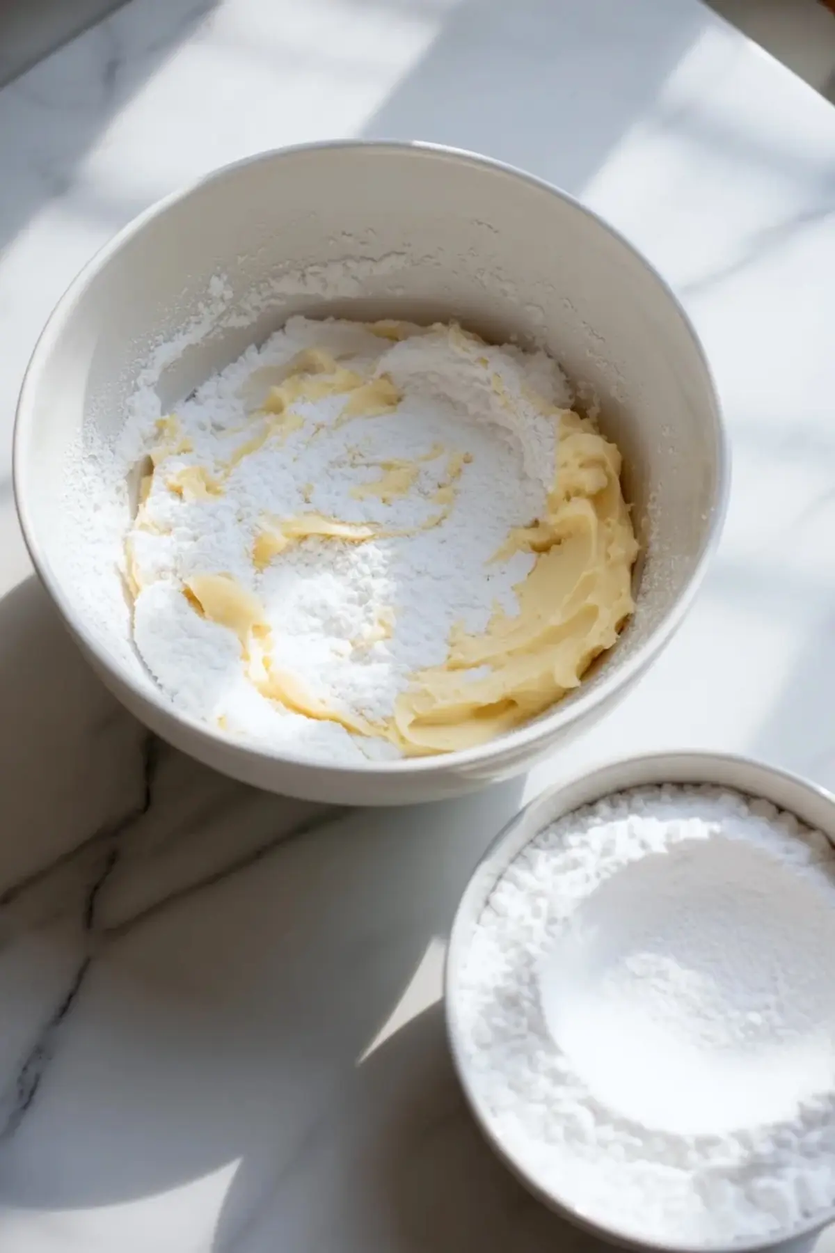 Powdered sugar being added to the butter base for hazelnut praline cream frosting in a glass mixing bowl on white marble.
