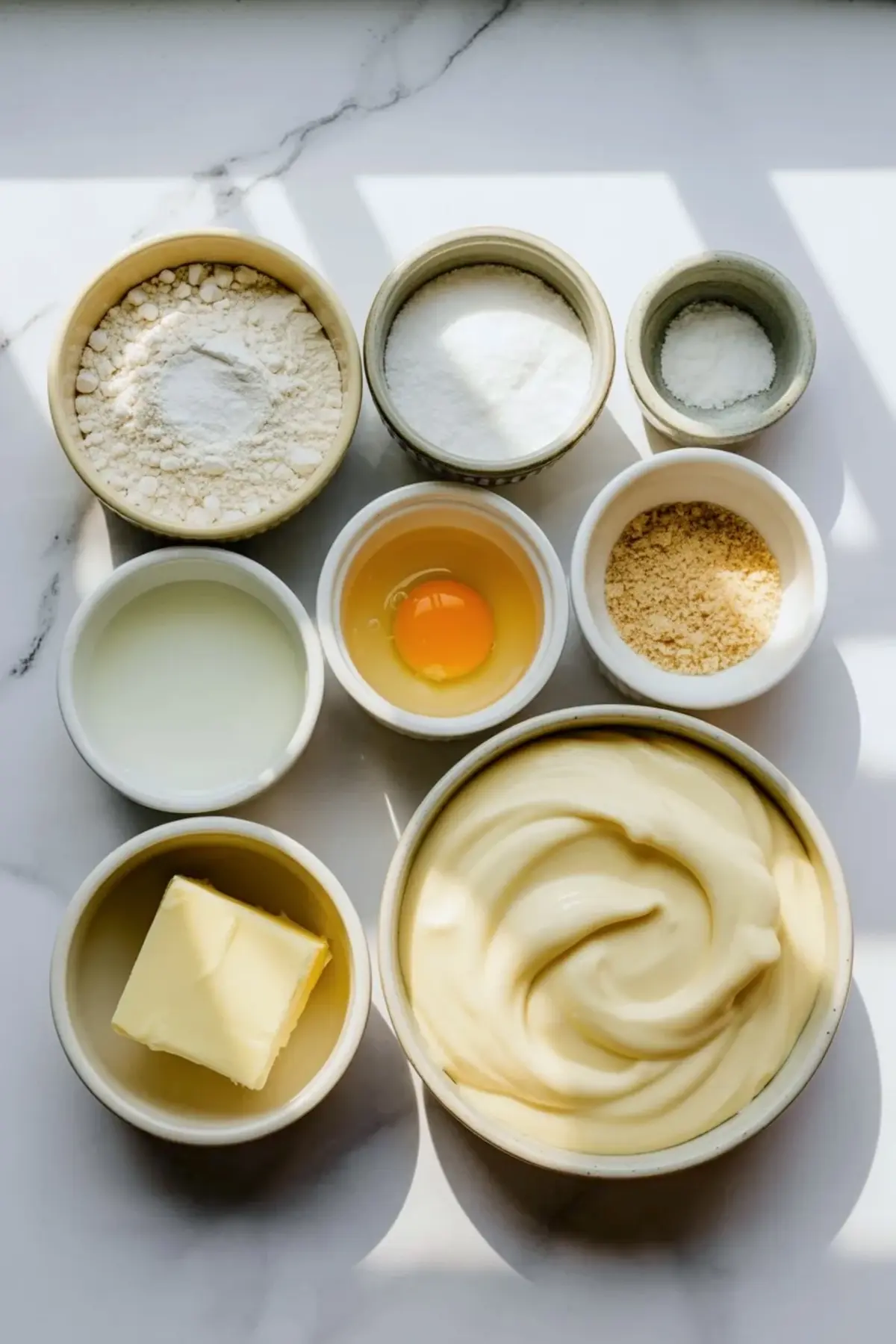 Ingredients for Hokkaido milk bread are arranged in bowls with bread flour, milk, egg, butter, sugar, yeast, and salt.