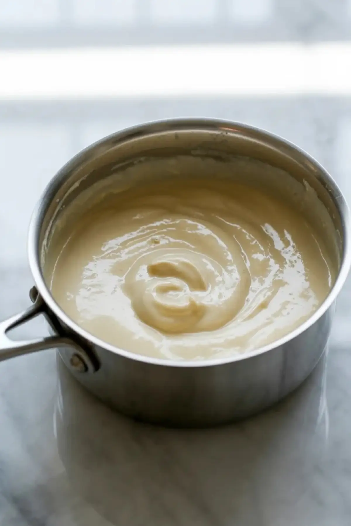 Tangzhong cooks in a saucepan for Hokkaido milk bread until the flour, milk, and water thicken into a smooth paste.