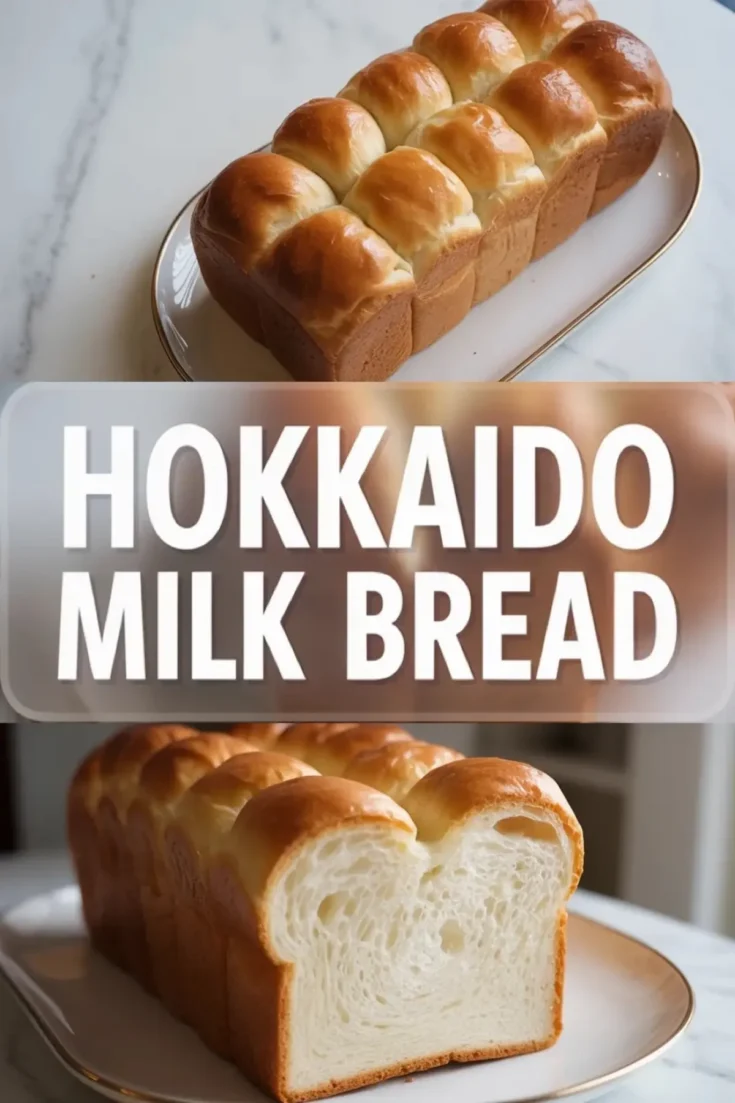 Hokkaido milk bread is shown as a glossy golden loaf with a soft sliced interior in a finished hero image with title overlay.