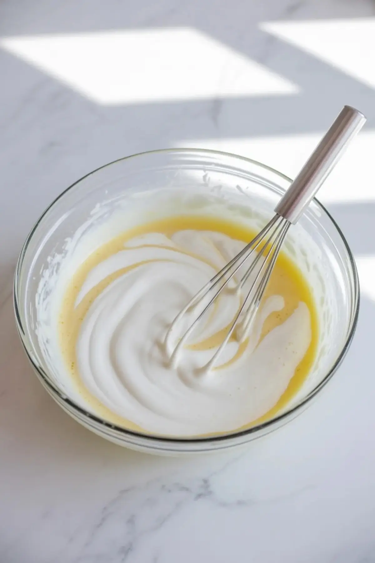 Homemade sour cream mixture whisked in a glass bowl as the cream and cultured liquid combine before resting.