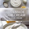 Homemade sour cream hero image with jars and bowls of thick sour cream, spoonful texture, lemon, and title text over the finished cultured cream.