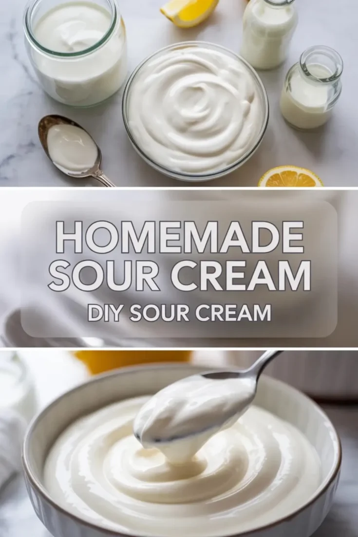 Homemade sour cream hero image with jars and bowls of thick sour cream, spoonful texture, lemon, and title text over the finished cultured cream.