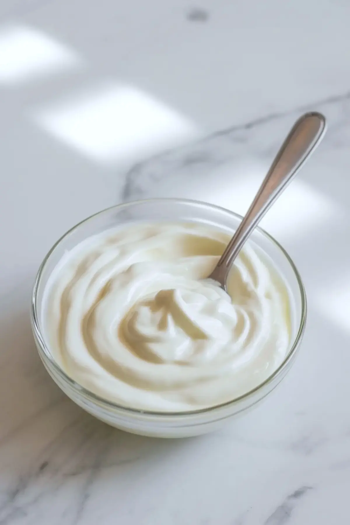Bowl of homemade sour cream with a spoon showing the thick creamy texture after chilling.