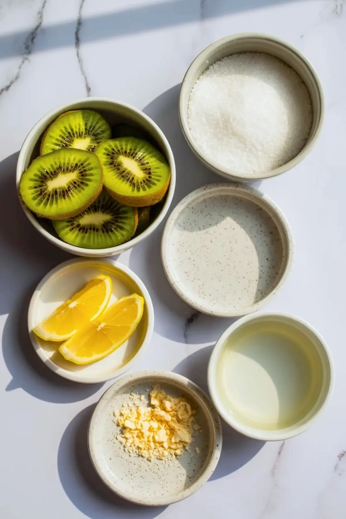 Ingredients for kiwi jam recipe on white marble with sliced kiwi, sugar, lemon wedges, lemon zest, water, and a small bowl for prep.