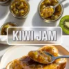 Kiwi jam recipe shown in open glass jars with chunky golden green jam, sliced kiwi, and toast topped with jam on a white marble surface.