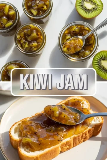 Kiwi jam recipe shown in open glass jars with chunky golden green jam, sliced kiwi, and toast topped with jam on a white marble surface.