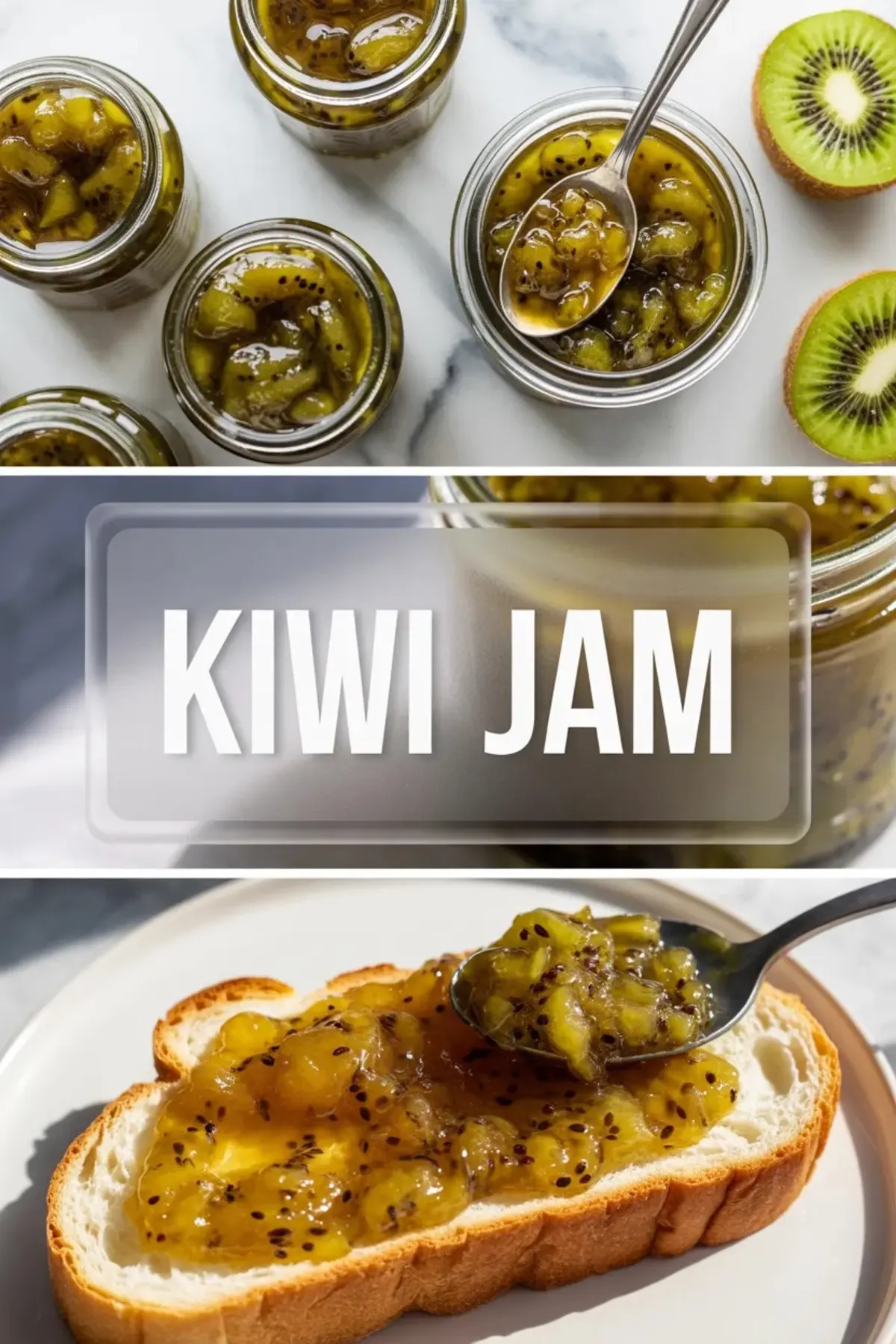 Vertical kiwi jam graphic with jars of homemade kiwi jam, a bold kiwi jam title, and toast spread with kiwi jam on a white marble background.