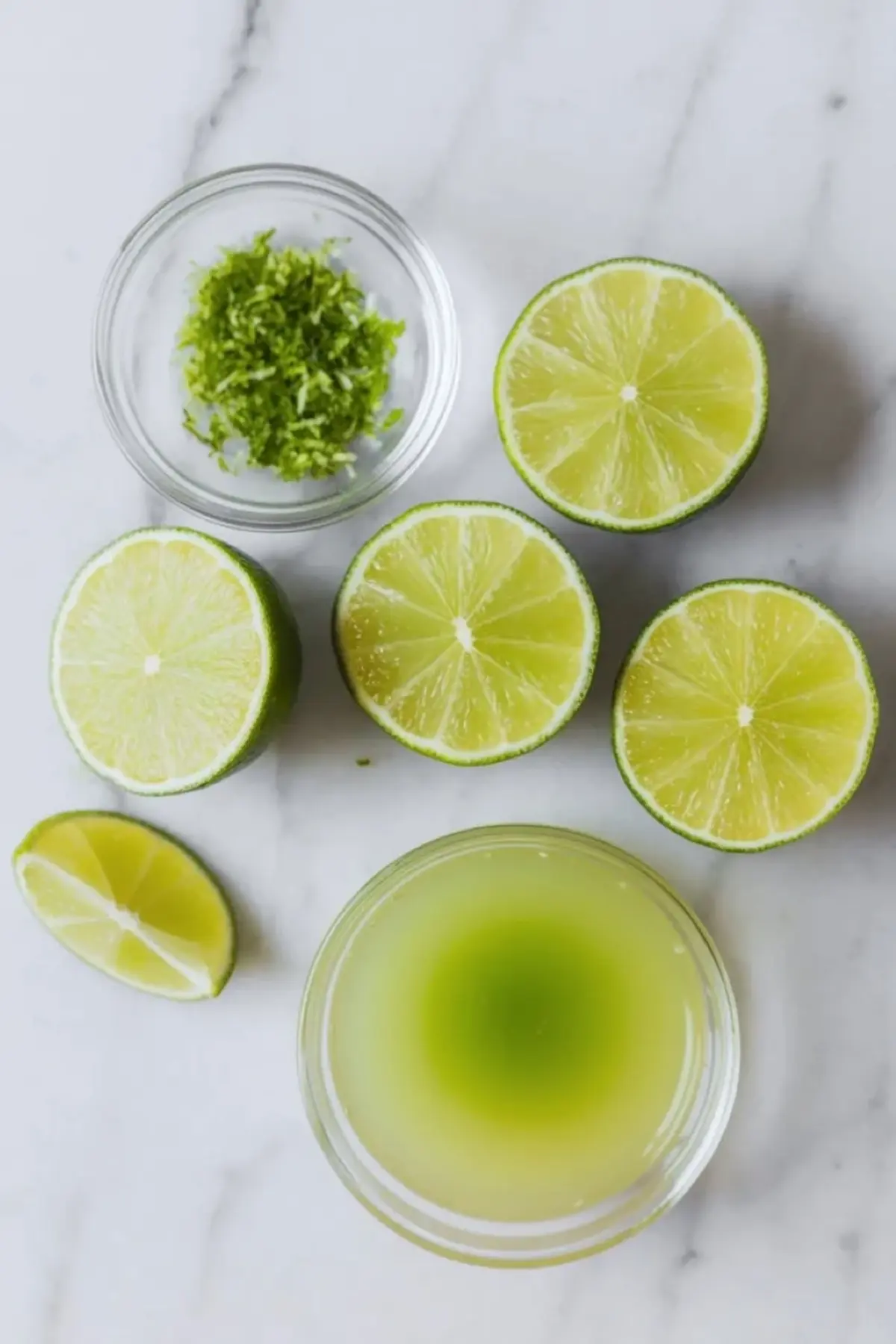 Fresh lime halves, lime zest, and lime juice are arranged on white marble for making lime curd recipe from scratch.