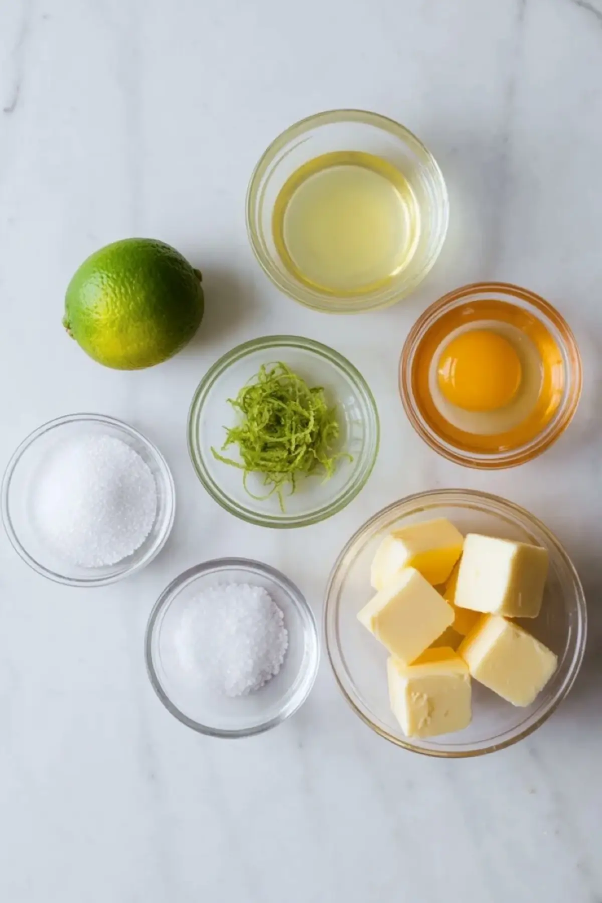 Ingredients for lime curd recipe are arranged on white marble with limes, sugar, eggs, butter, lime zest, juice, and salt.