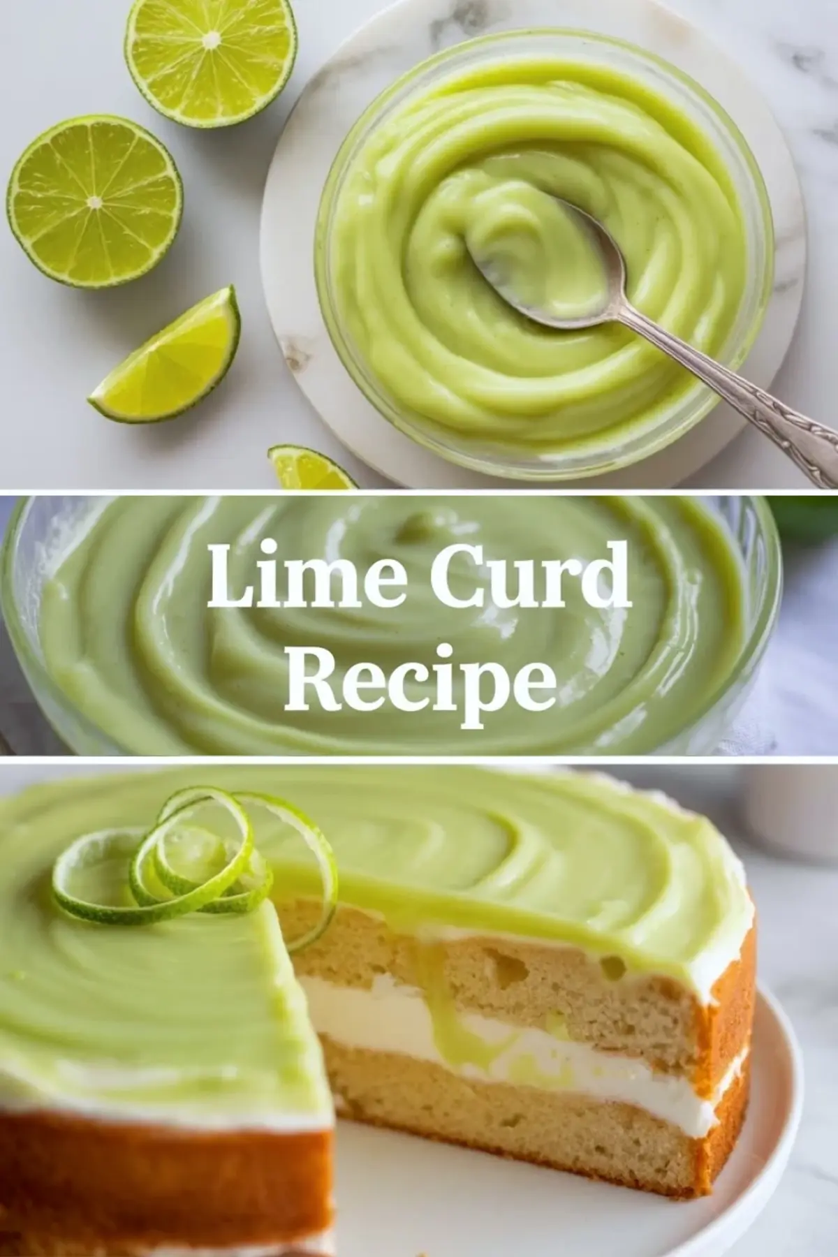 Lime curd recipe collage showing a bowl of smooth curd and a finished cake slice with citrus filling.
