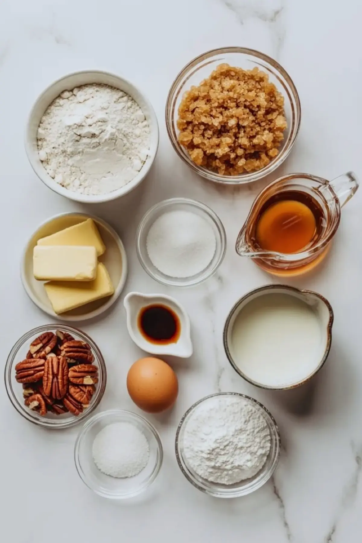 Ingredients for maple pecan cookies are arranged on white marble with butter, brown sugar, granulated sugar, maple syrup, egg, vanilla, pecans, flour, and powdered sugar.