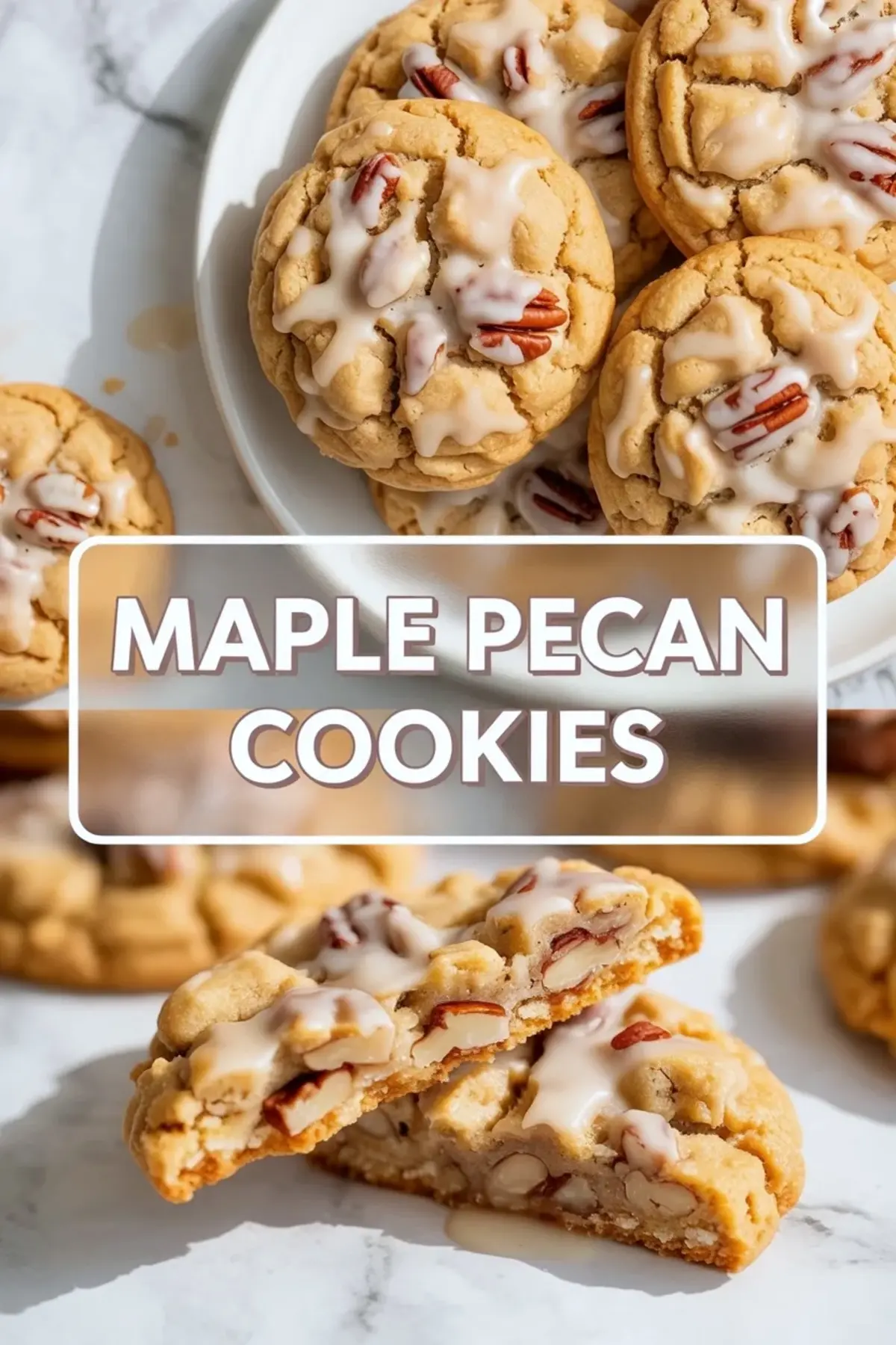 Maple pecan cookies with maple glaze are shown with chopped pecans and a broken cookie detail in a finished vertical collage.