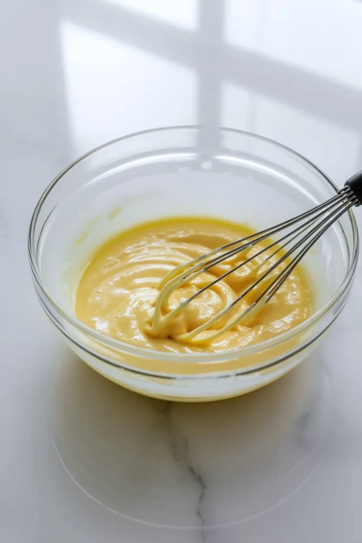 Matcha ice cream custard base being whisked in a glass bowl during the creamy ice cream preparation stage.