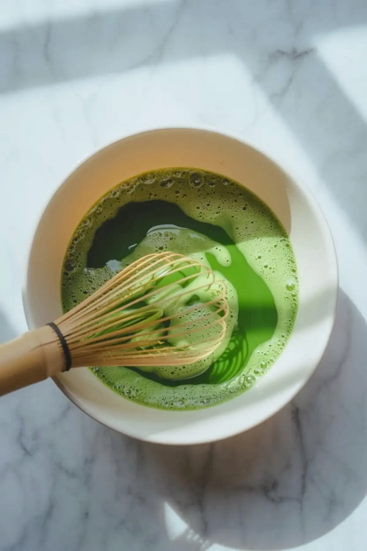 Matcha mixture being whisked smooth in a bowl for matcha ice cream preparation.