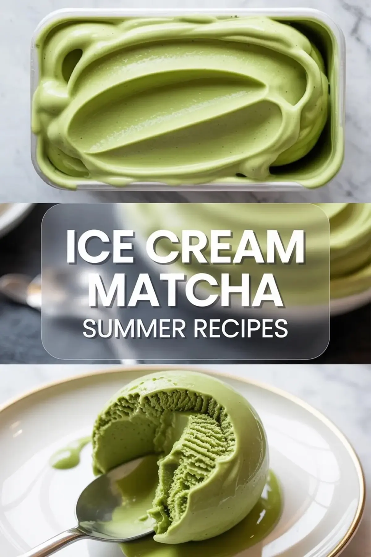 Matcha ice cream collage with a tub of green tea ice cream, plated scoop, and recipe title text for a finished serving view.