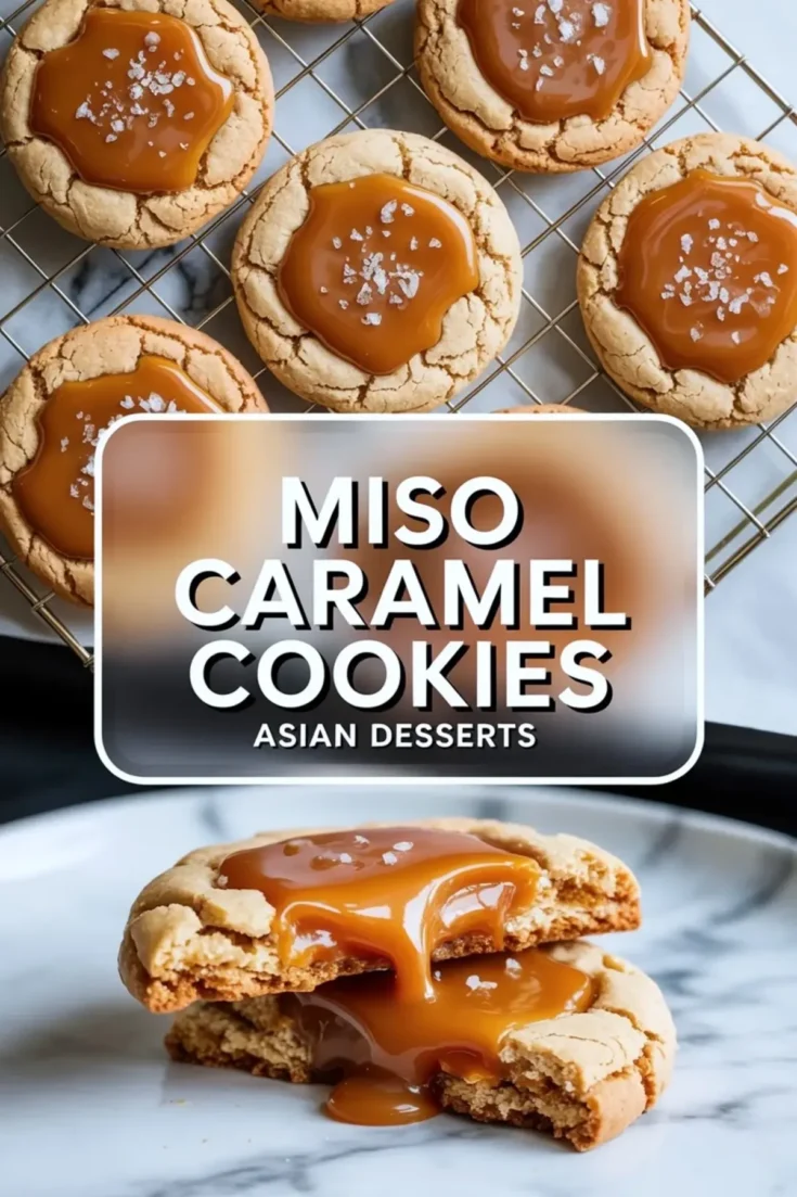 Miso caramel cookies hero image with glossy caramel topped cookies on a cooling rack, title text, and a split cookie with gooey caramel filling on a plate.