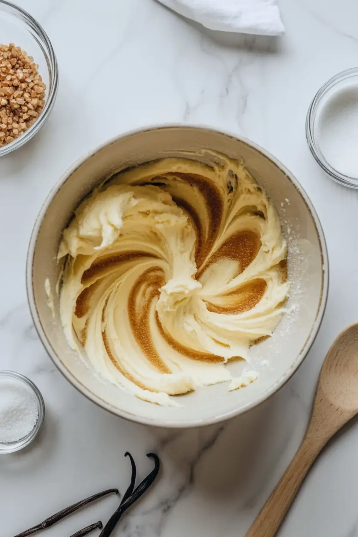 Miso caramel cookie dough being mixed in a bowl with swirls of butter and sugar on a white marble surface.