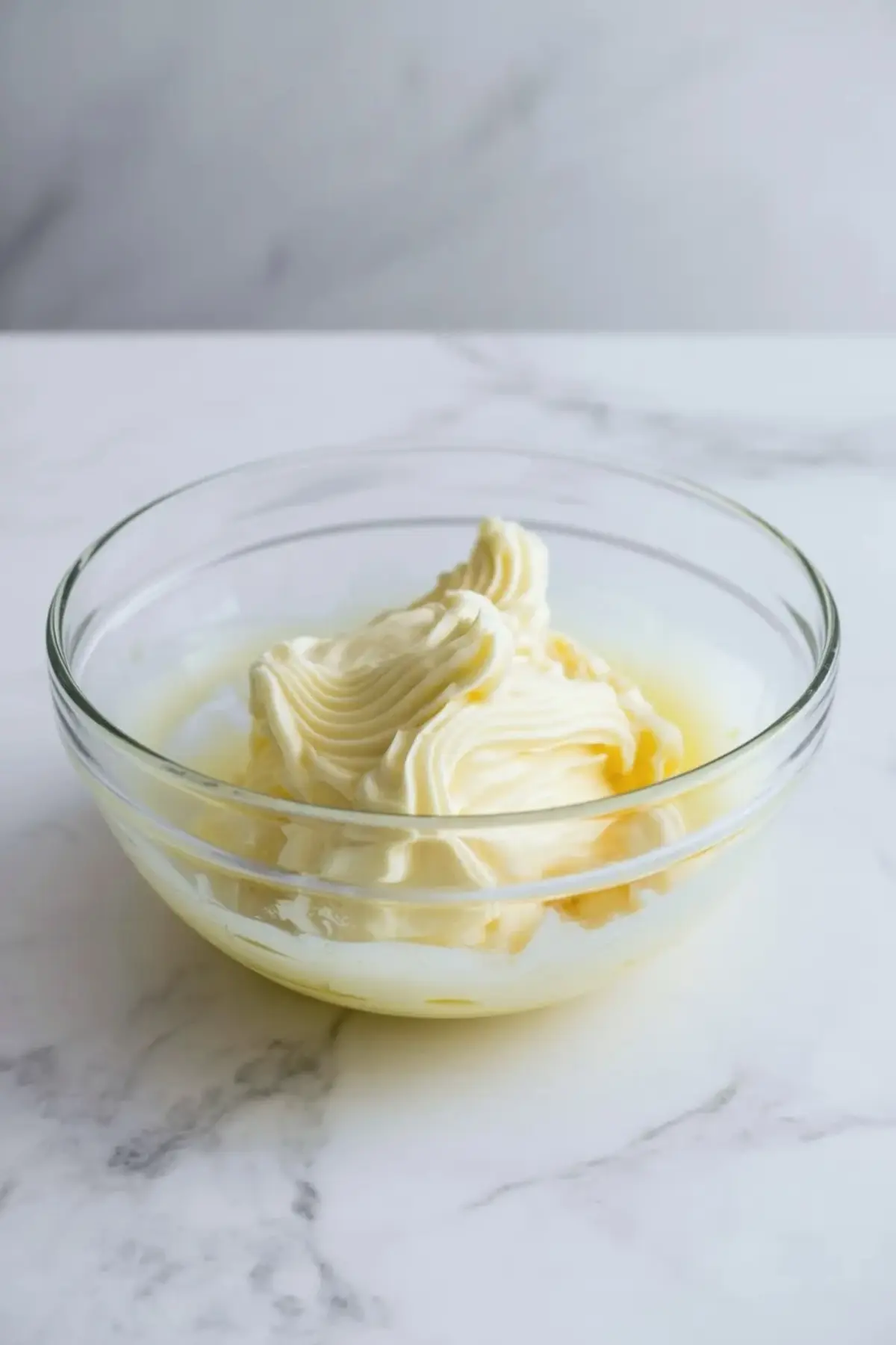 Softened butter sitting in a clear mixing bowl on white marble, ready to be whipped for Nutella buttercream frosting.