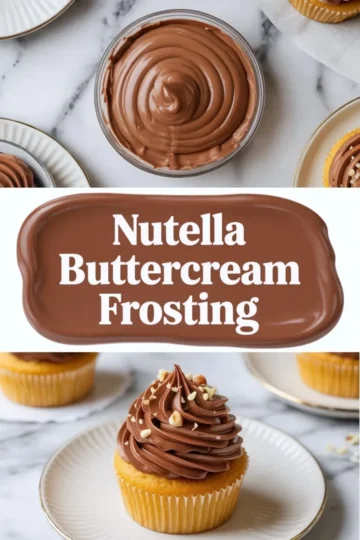 Nutella buttercream frosting shown in a 2 to 3 hero image with a bowl of chocolate hazelnut frosting above and a piped cupcake below on white marble.