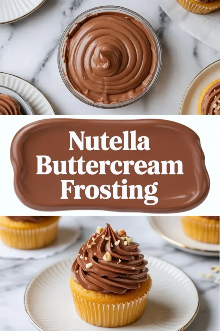 Nutella buttercream frosting shown in a 2 to 3 hero image with a bowl of chocolate hazelnut frosting above and a piped cupcake below on white marble.