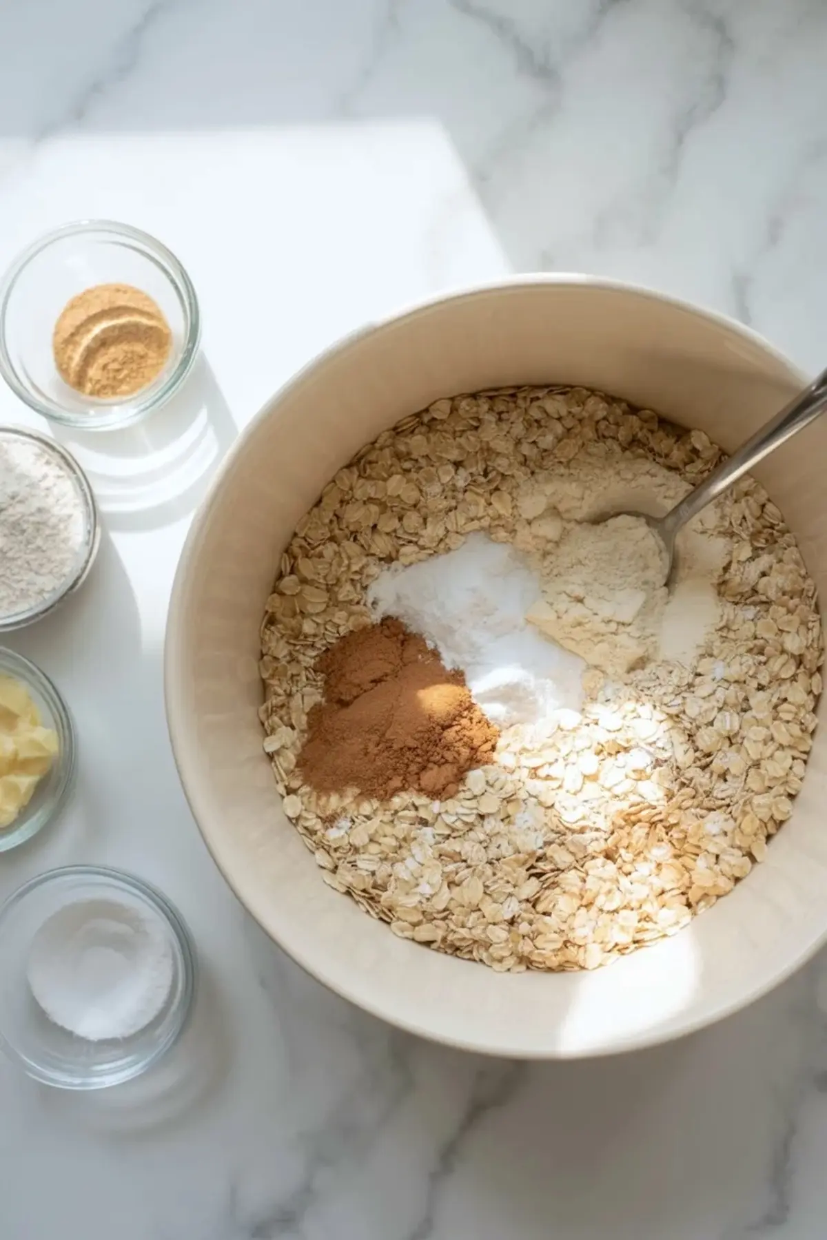 Dry ingredients for oatmeal cranberry cookies in a large bowl with rolled oats, flour, cinnamon, and leavening, plus small bowls nearby on a white marble surface.