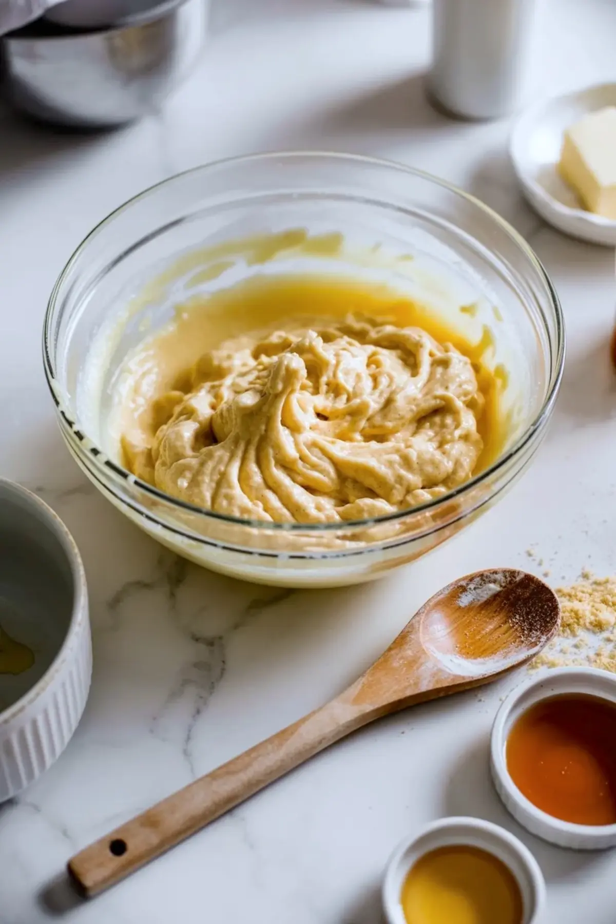 Oatmeal cranberry cookie batter mixed in a glass bowl with a spoon and small ramekins of vanilla and syrup on a white marble surface.