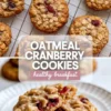 Oatmeal cranberry cookies hero image with baked cookies on a cooling rack, title text, and a split cookie showing oats and dried cranberries.