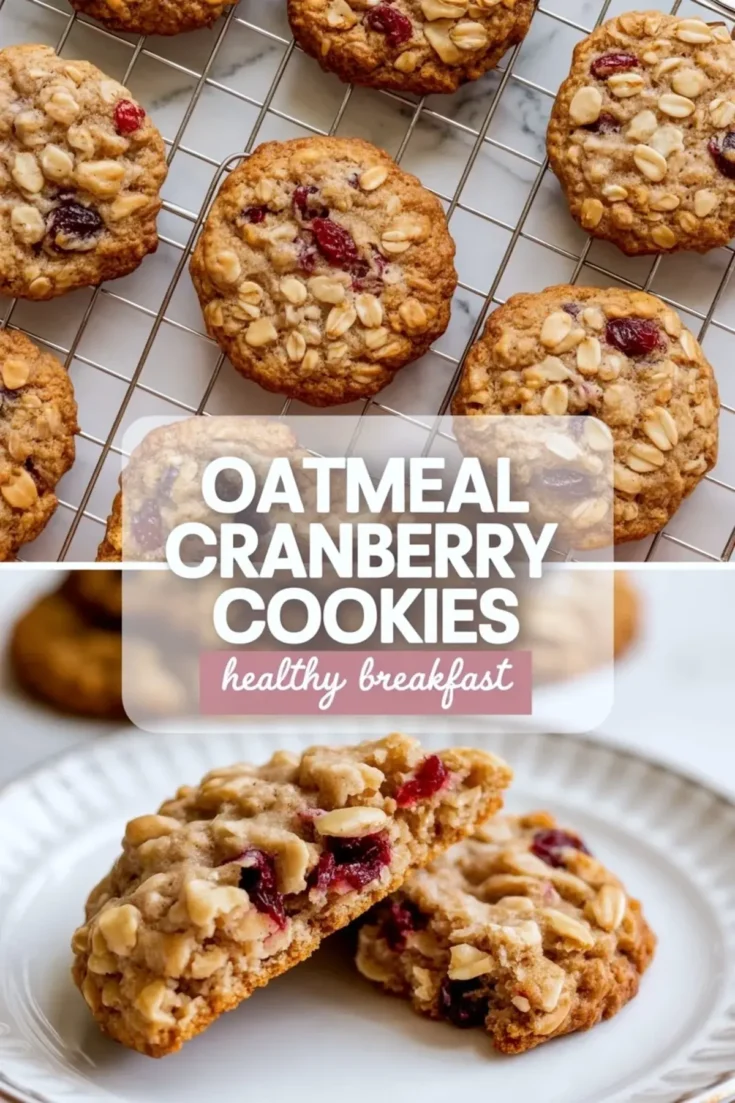 Oatmeal cranberry cookies hero image with baked cookies on a cooling rack, title text, and a split cookie showing oats and dried cranberries.