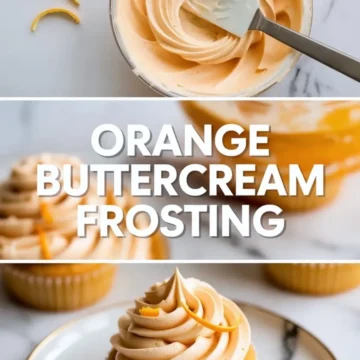 Orange buttercream frosting is shown in a bowl with visible orange zest beside a frosted cupcake in a finished hero image.