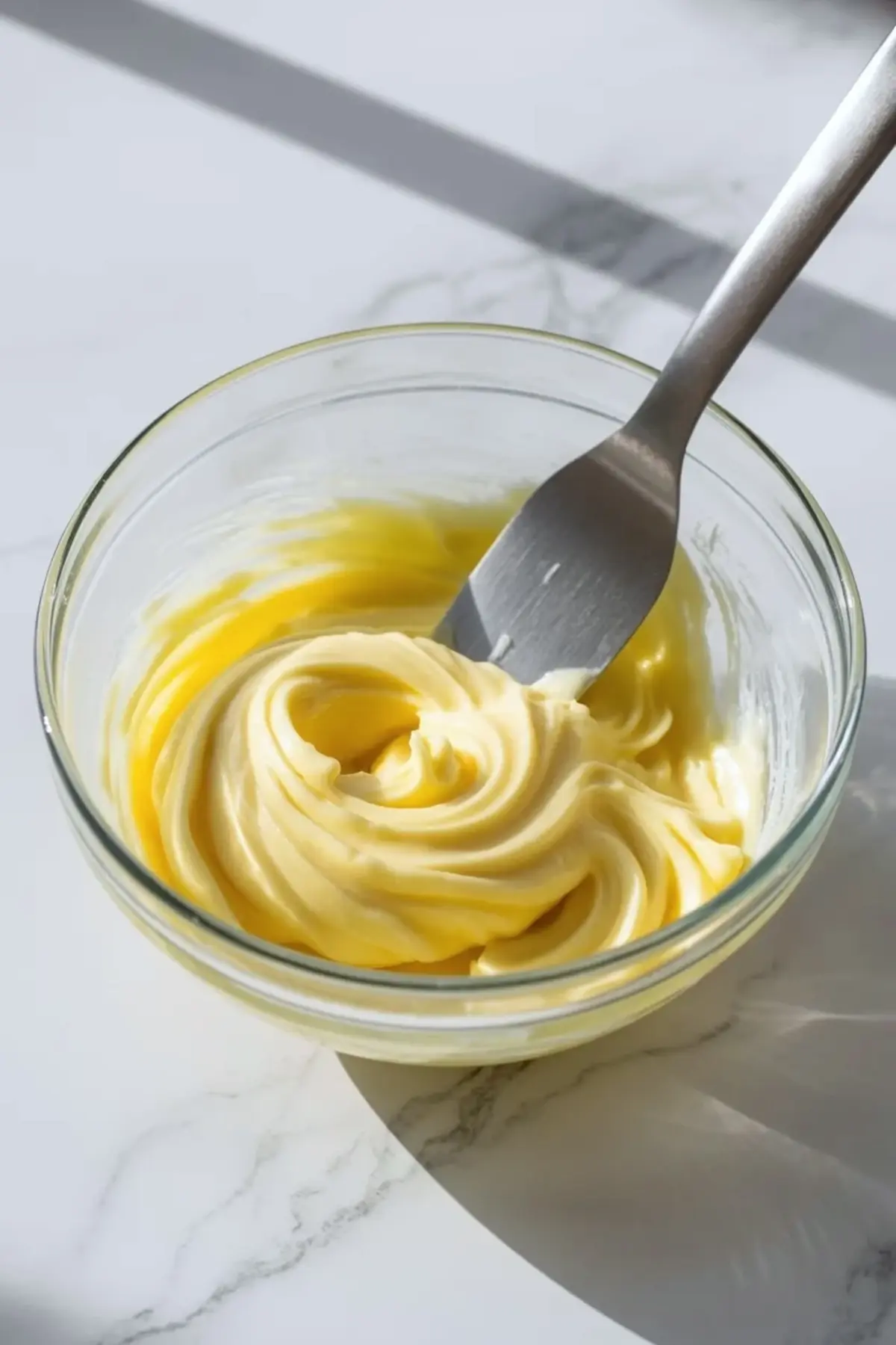 Orange buttercream frosting is stirred with a spatula in a glass bowl until smooth and evenly blended.