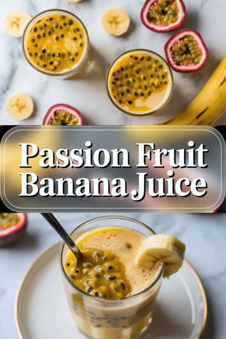 Passion fruit juice recipe with banana shown in creamy tropical glasses topped with passion fruit pulp, banana slices, and fresh passion fruit on a white marble surface.