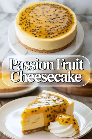 Passion fruit cheesecake recipe shown as a whole baked cheesecake and plated slice with glossy passion fruit topping and whipped cream on a white marble surface.